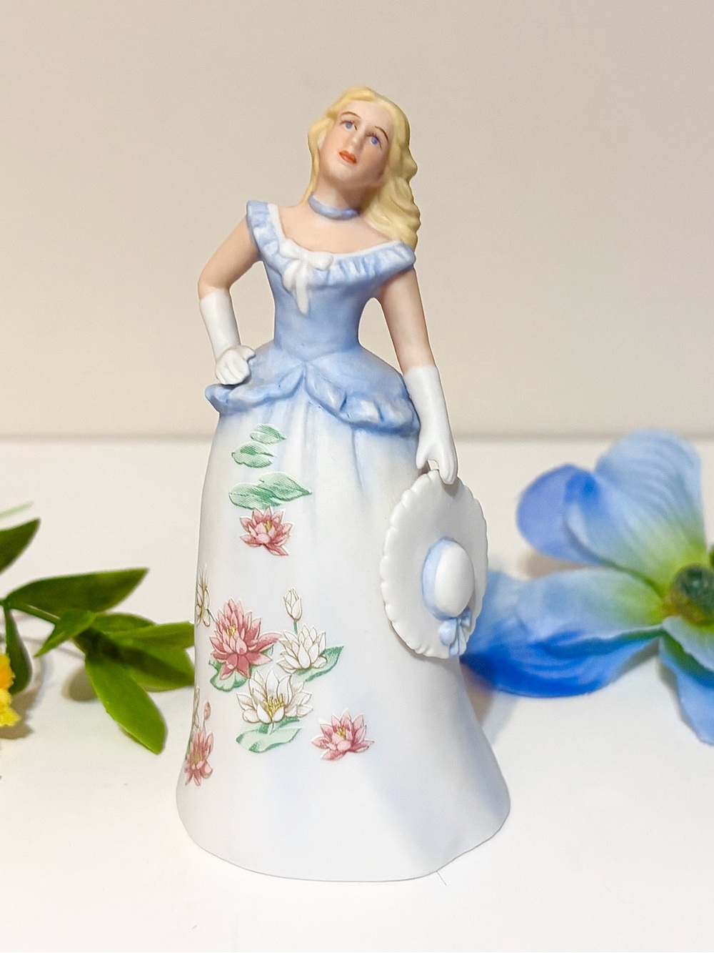 Vintage Enesco 80s Victorian Lady Bell-Elizabeth w Water Lillies-July-Hat/Bonnet